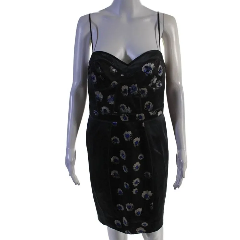 Rebecca Taylor Womens Floral Print Spaghetti Strap Dress Black Blue Size 10